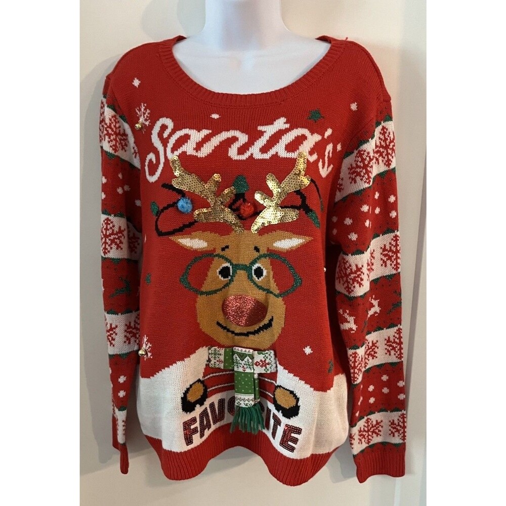 Red Fair Isle Sequin Reindeer Ugly Christmas Crewneck Pullover Sweater Women XXL